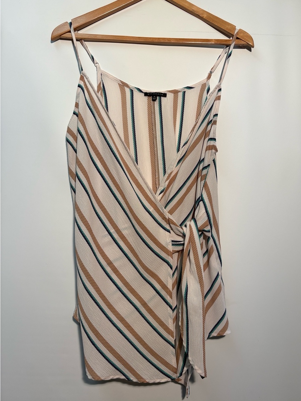Striped Wrap Tank Top with Tie Detail - Beige/Teal